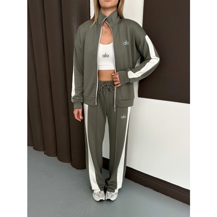 Modal Kumaş Şerit Detaylı Üçlü Set Takım Haki