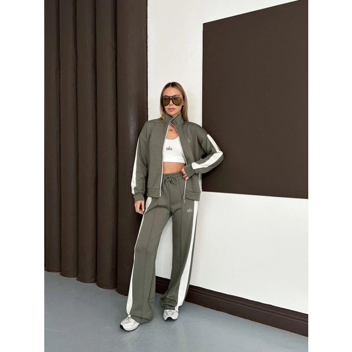 Modal Kumaş Şerit Detaylı Üçlü Set Takım Haki