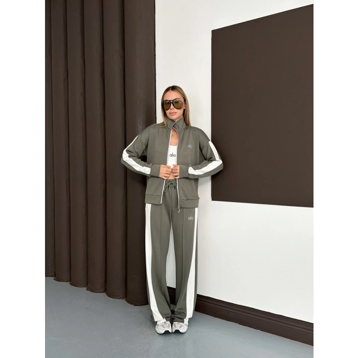 Modal Kumaş Şerit Detaylı Üçlü Set Takım Haki