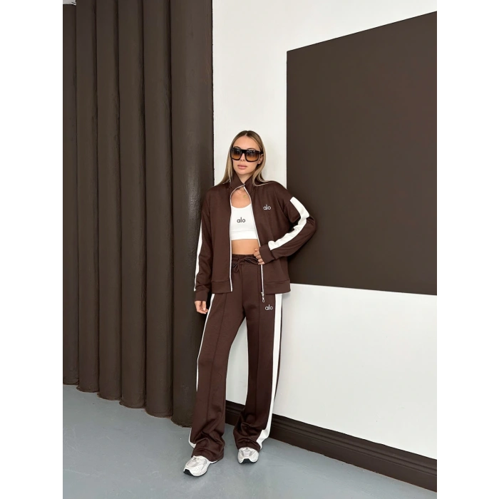 Modal Kumaş Şerit Detaylı Üçlü Set Takım Kahve