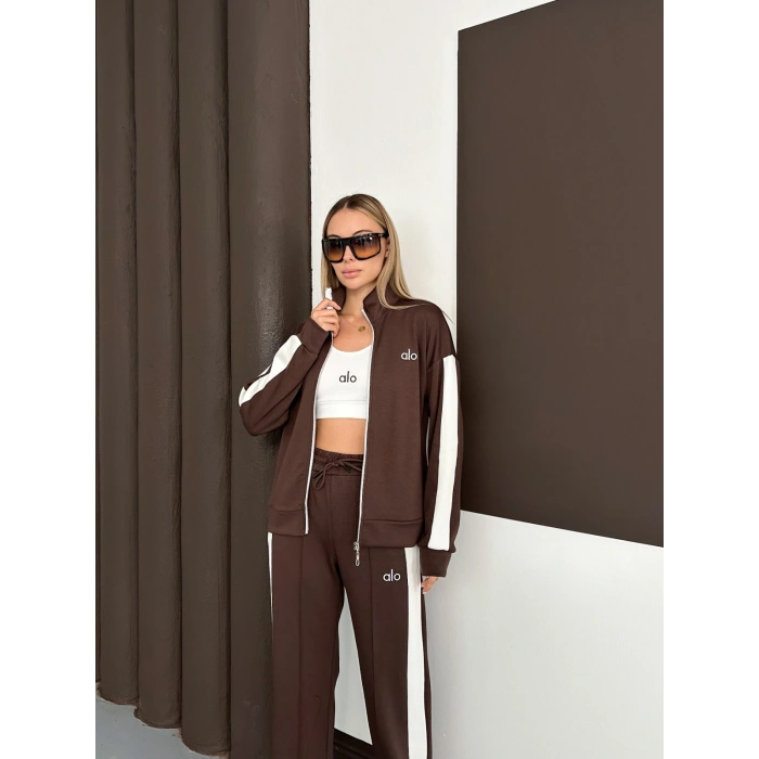 Modal Kumaş Şerit Detaylı Üçlü Set Takım Kahve