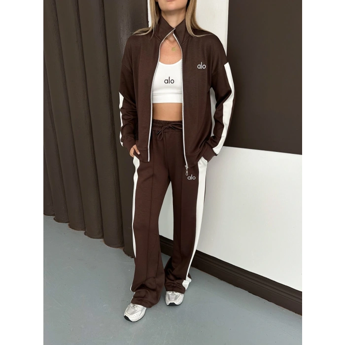 Modal Kumaş Şerit Detaylı Üçlü Set Takım Kahve