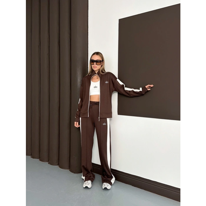 Modal Kumaş Şerit Detaylı Üçlü Set Takım Kahve