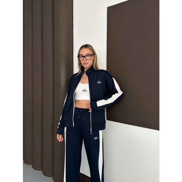 Modal Kumaş Şerit Detaylı Üçlü Set Takım Lacivert