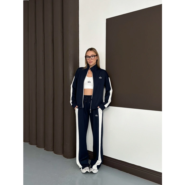 Modal Kumaş Şerit Detaylı Üçlü Set Takım Lacivert