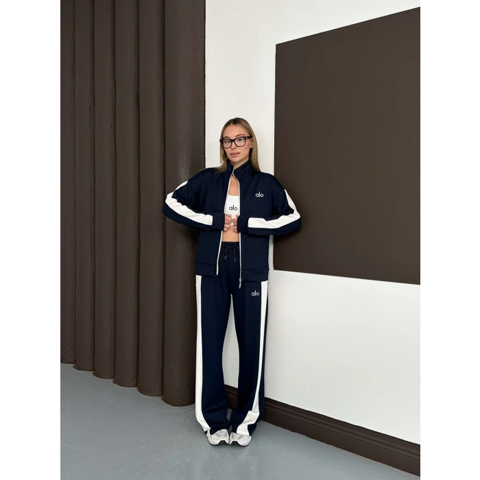 Modal Kumaş Şerit Detaylı Üçlü Set Takım Lacivert