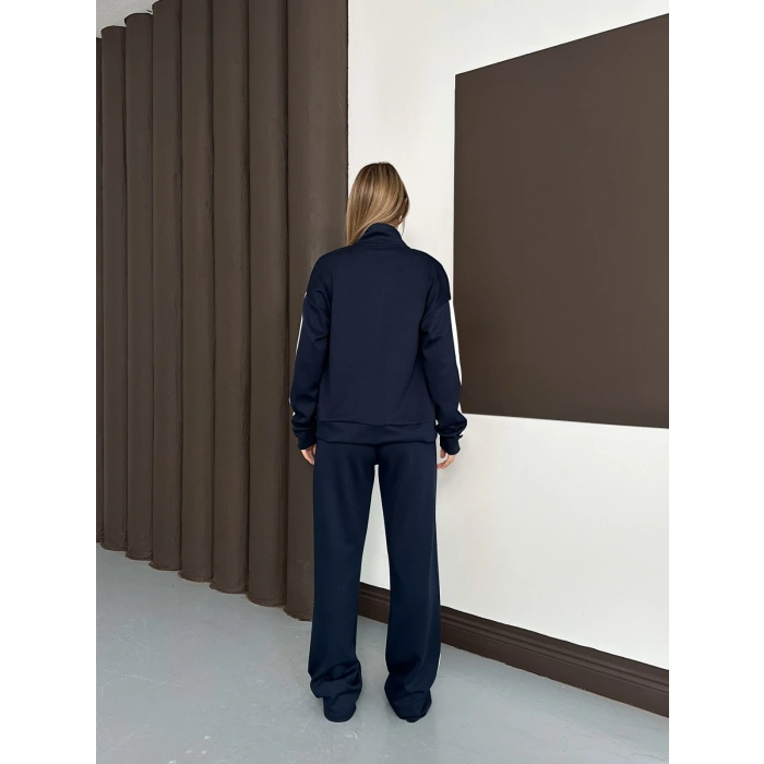 Modal Kumaş Şerit Detaylı Üçlü Set Takım Lacivert