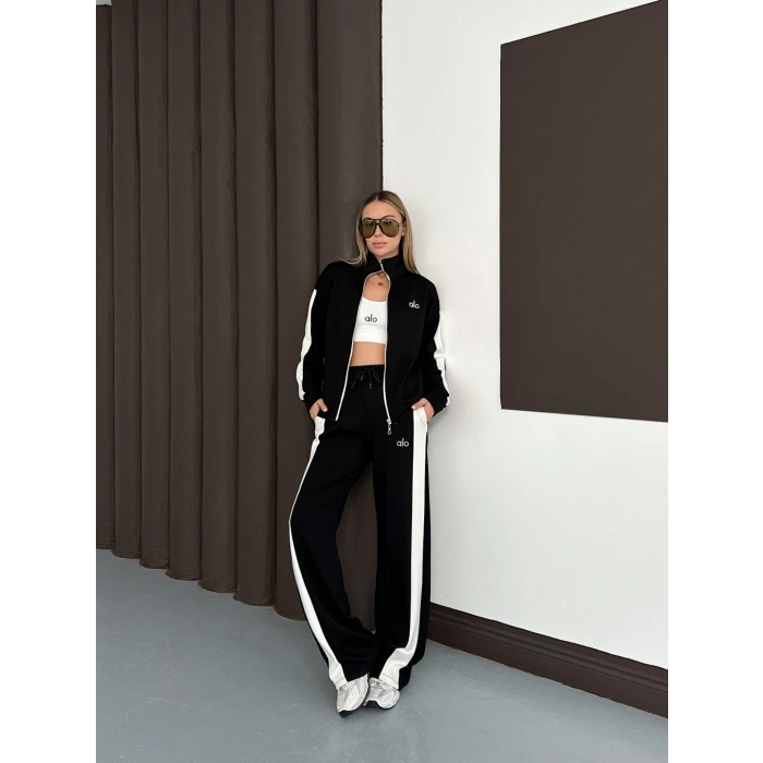 Modal Kumaş Şerit Detaylı Üçlü Set Takım Siyah