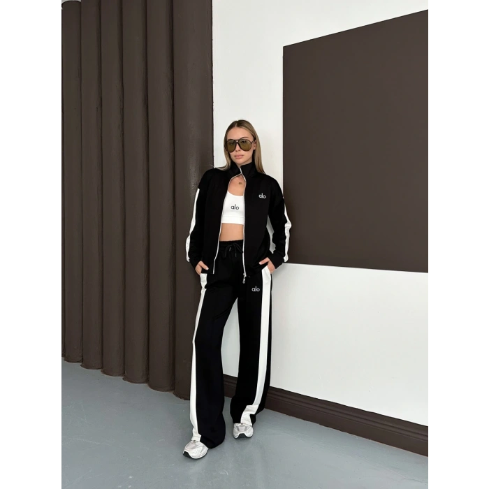 Modal Kumaş Şerit Detaylı Üçlü Set Takım Siyah