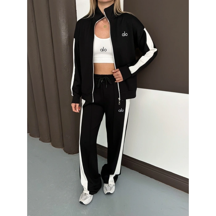 Modal Kumaş Şerit Detaylı Üçlü Set Takım Siyah