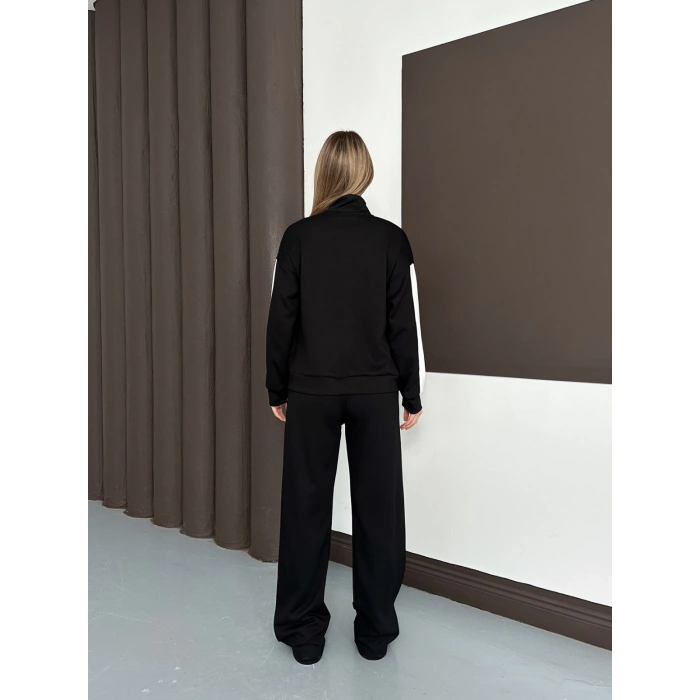 Modal Kumaş Şerit Detaylı Üçlü Set Takım Siyah