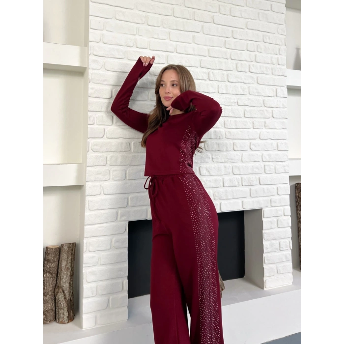 Modal Kumaş Taş Detay Takım Bordo
