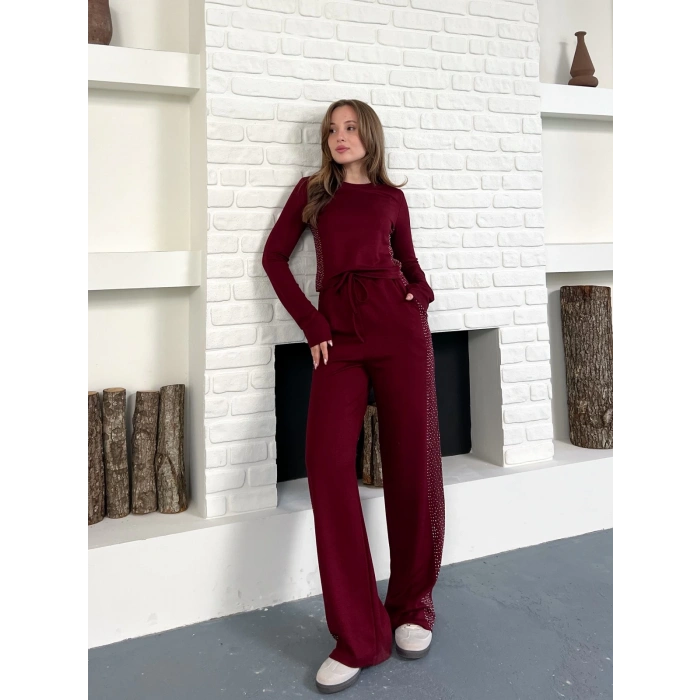 Modal Kumaş Taş Detay Takım Bordo