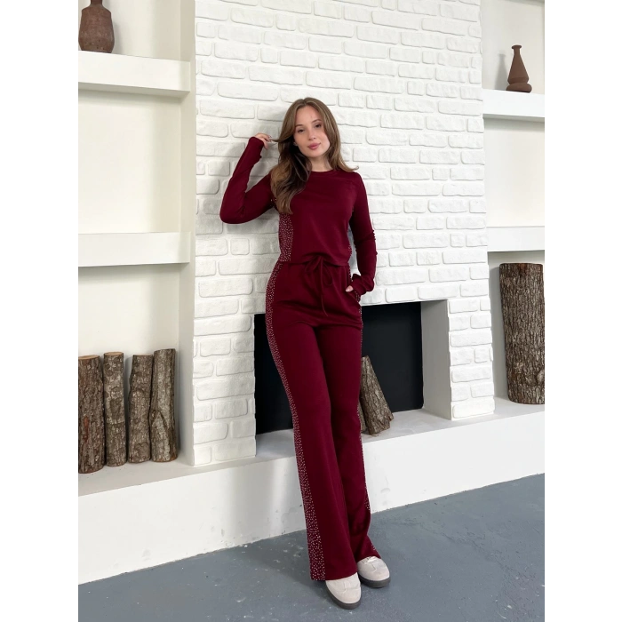 Modal Kumaş Taş Detay Takım Bordo