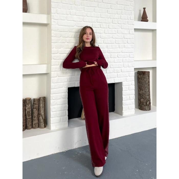 Modal Kumaş Taş Detay Takım Bordo