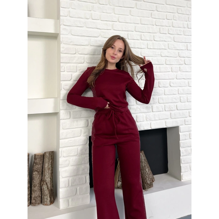 Modal Kumaş Taş Detay Takım Bordo