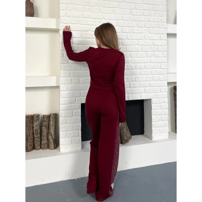 Modal Kumaş Taş Detay Takım Bordo