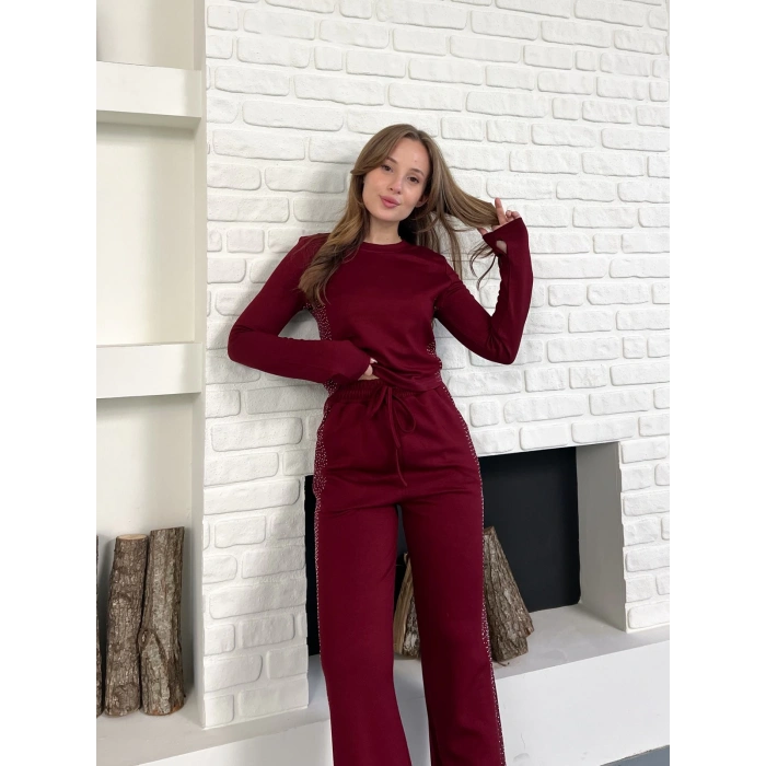 Modal Kumaş Taş Detay Takım Bordo