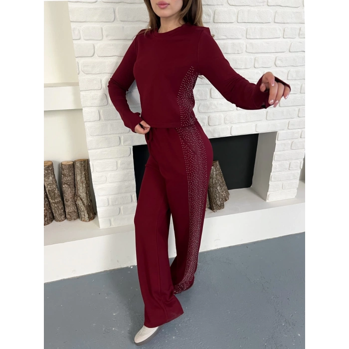 Modal Kumaş Taş Detay Takım Bordo