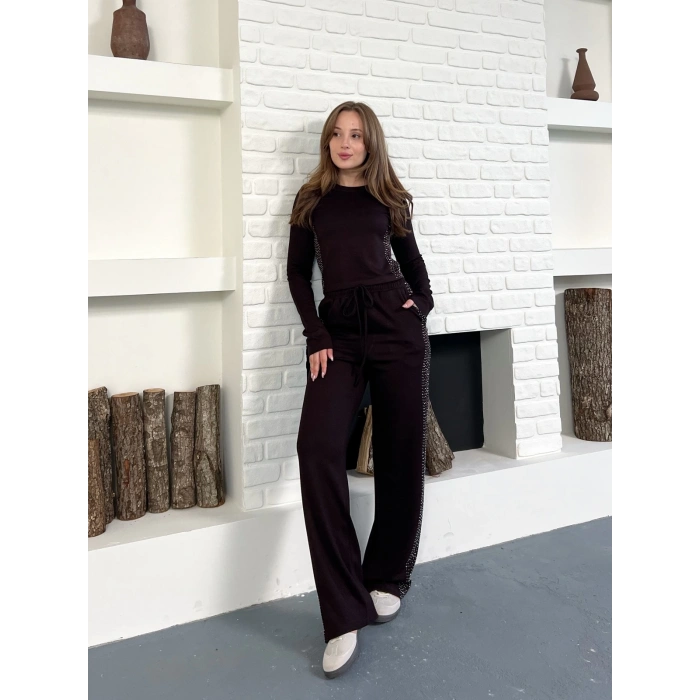 Modal Kumaş Taş Detay Takım Kahverengi