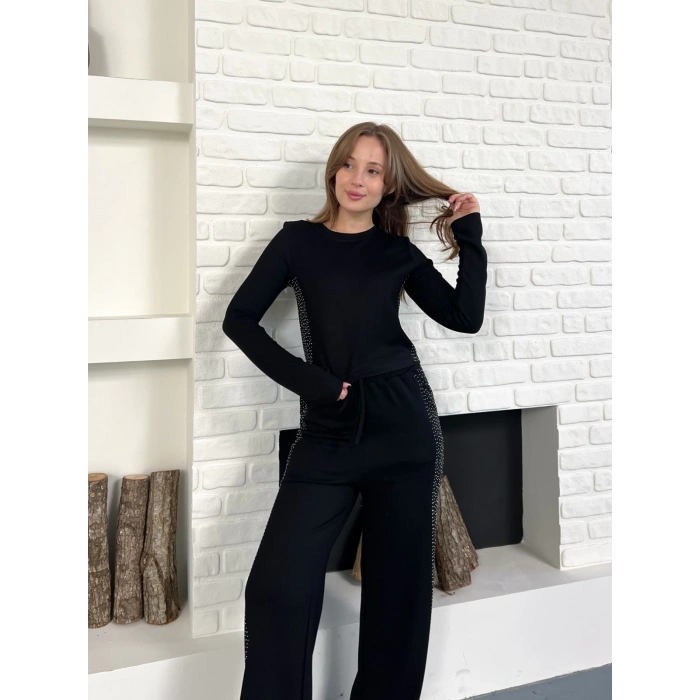 Modal Kumaş Taş Detay Takım Siyah