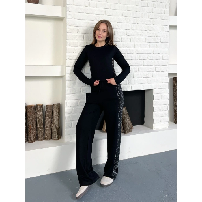 Modal Kumaş Taş Detay Takım Siyah