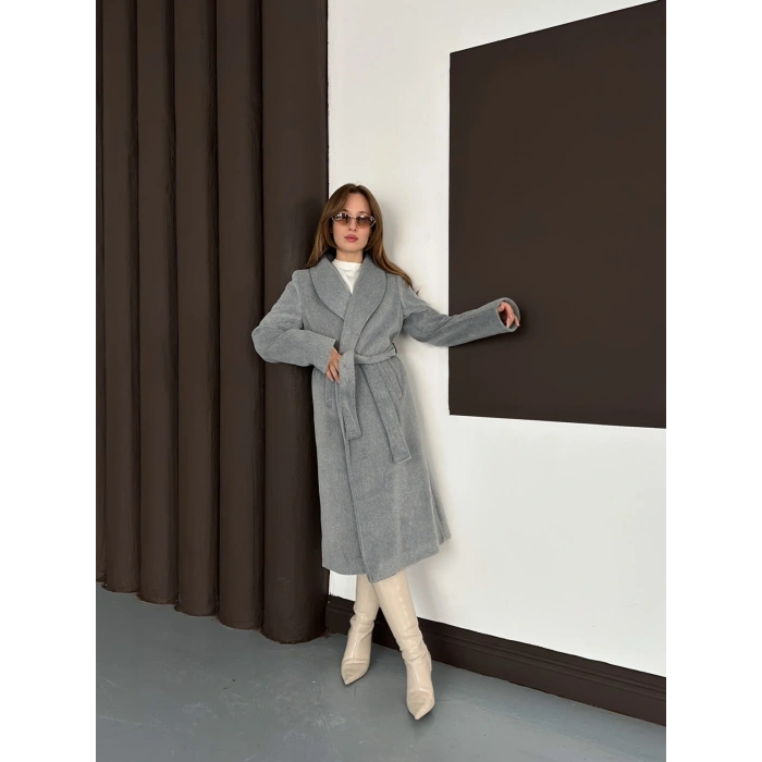 Moskov Kumaş Kuşaklı Kaban Gri