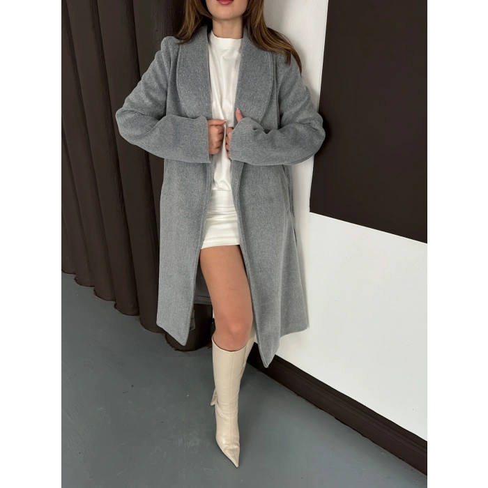 Moskov Kumaş Kuşaklı Kaban Gri