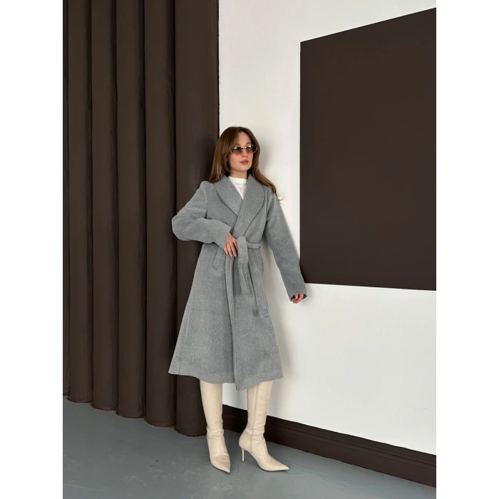 Moskov Kumaş Kuşaklı Kaban Gri