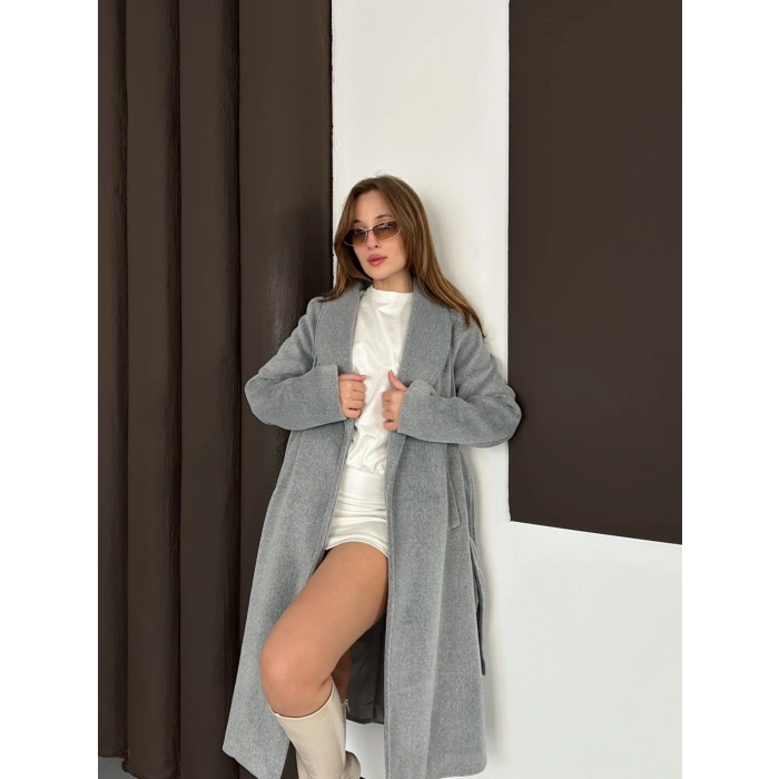 Moskov Kumaş Kuşaklı Kaban Gri