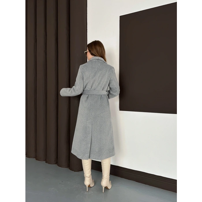 Moskov Kumaş Kuşaklı Kaban Gri