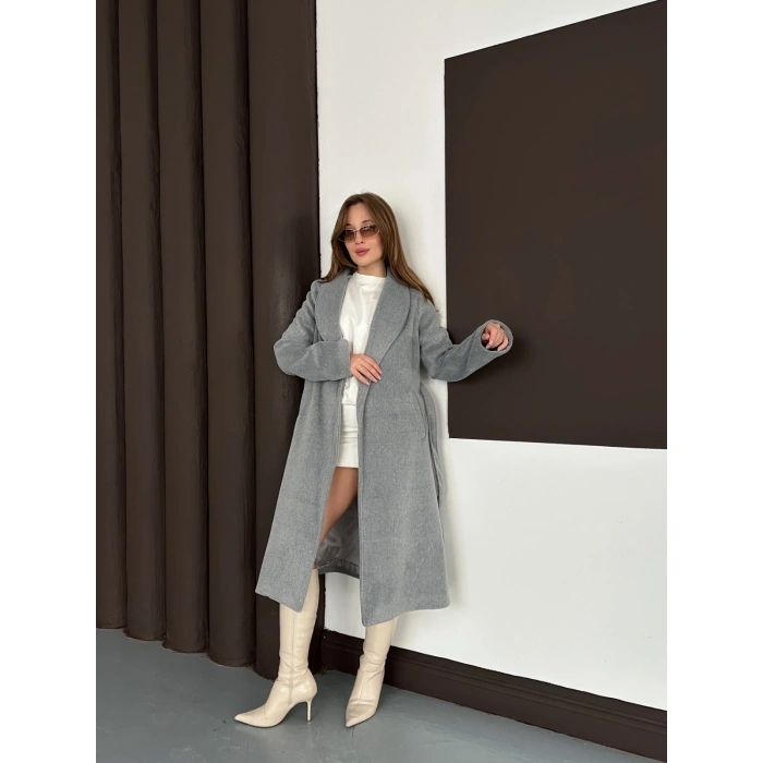 Moskov Kumaş Kuşaklı Kaban Gri