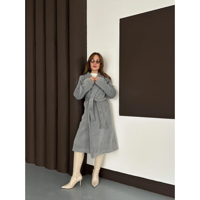 Moskov Kumaş Kuşaklı Kaban Gri