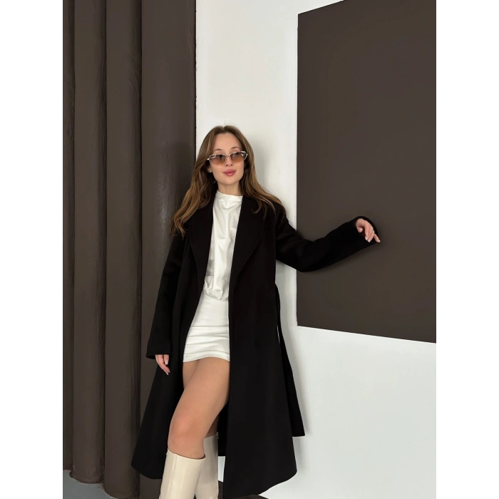 Moskov Kumaş Kuşaklı Kaban Siyah