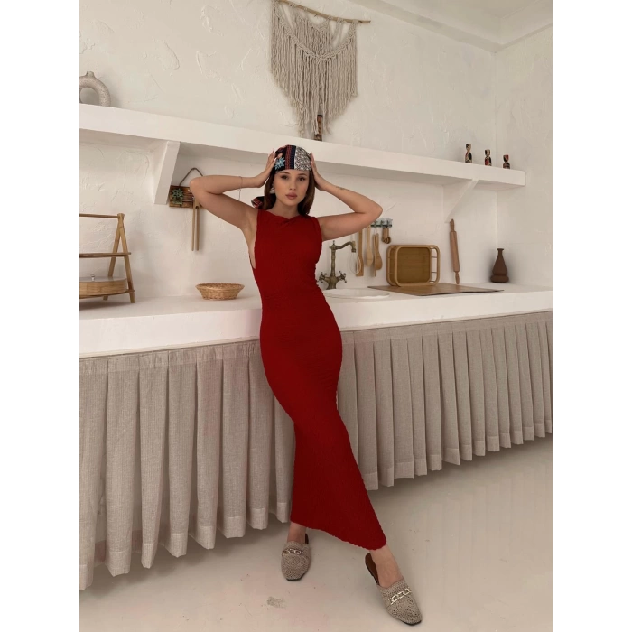 Omuz Büzgü Detay Gofre Elbise Kırmızı