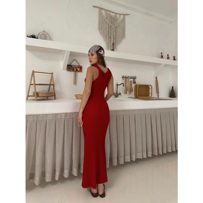 Omuz Büzgü Detay Gofre Elbise Kırmızı