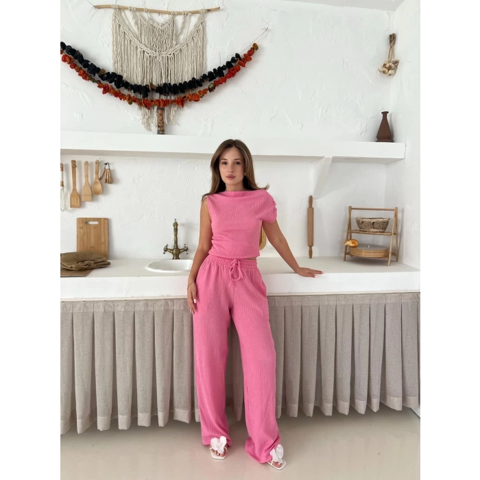 Omuz Detaylı Bürümcük Takım Pembe