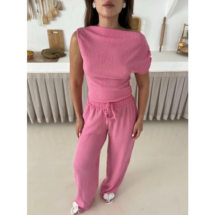 Omuz Detaylı Bürümcük Takım Pembe