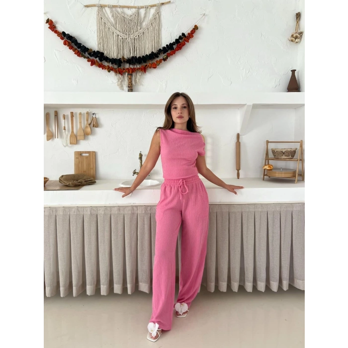 Omuz Detaylı Bürümcük Takım Pembe