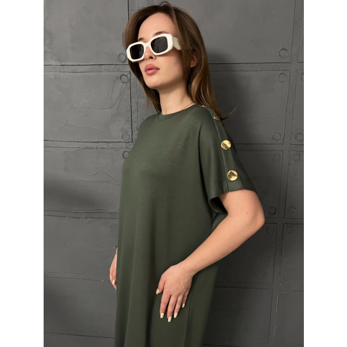 Omuz Düğme Detaylı Elbise Haki