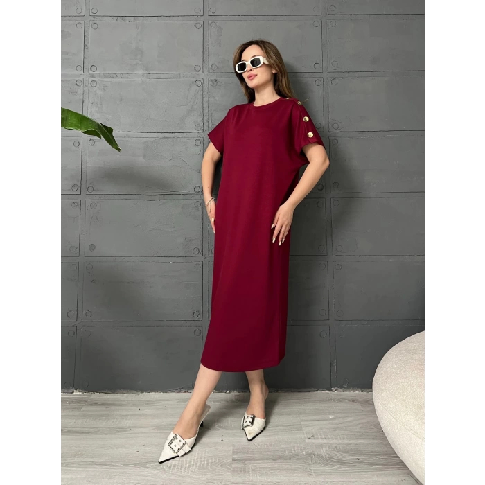 Omuz Düğme Detaylı Elbise Bordo