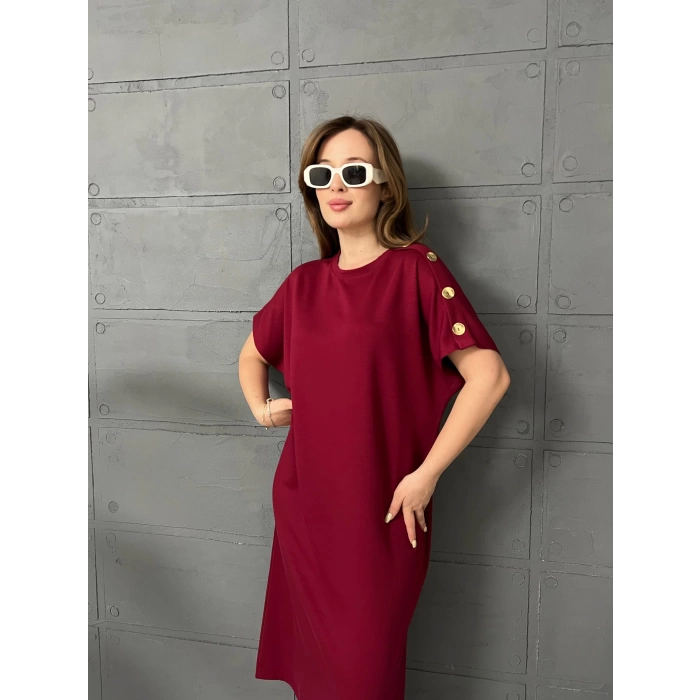 Omuz Düğme Detaylı Elbise Bordo