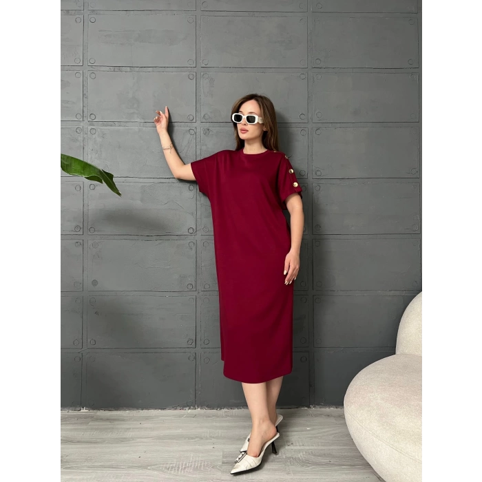 Omuz Düğme Detaylı Elbise Bordo