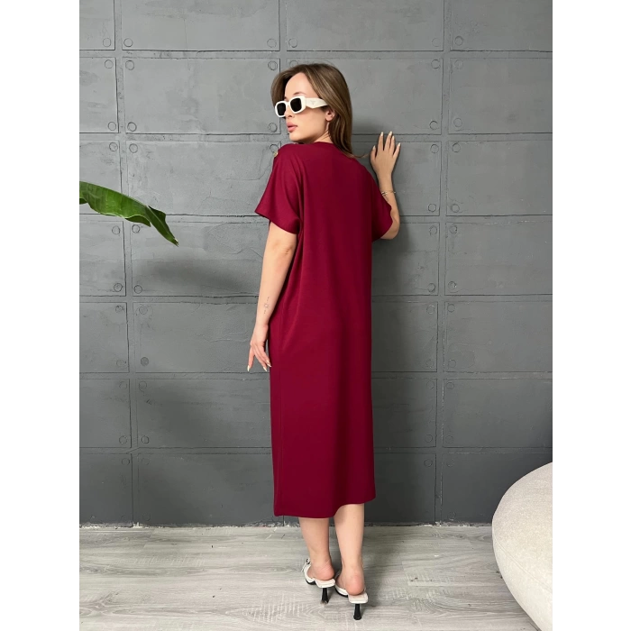 Omuz Düğme Detaylı Elbise Bordo