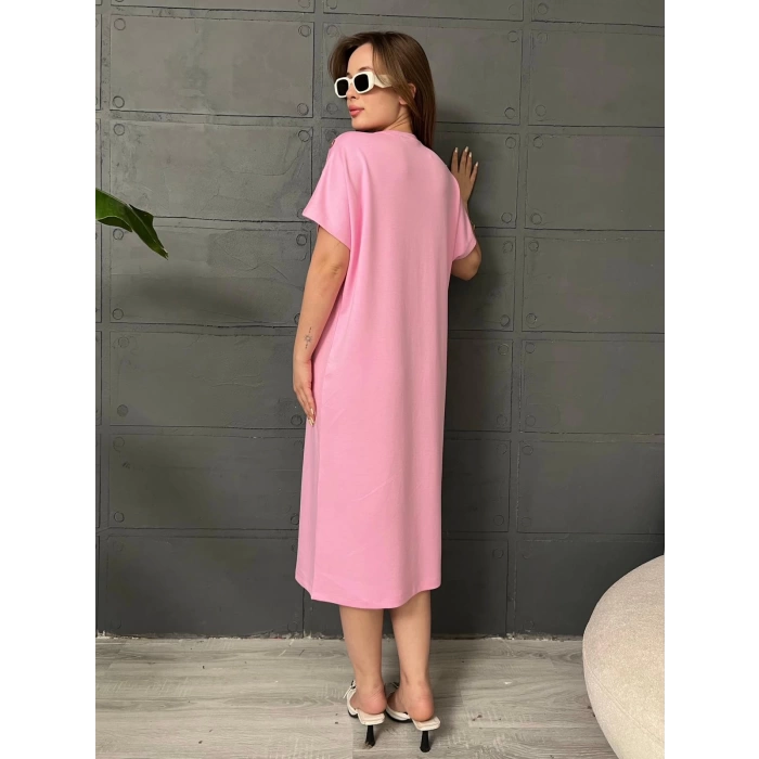 Omuz Düğme Detaylı Elbise Pembe