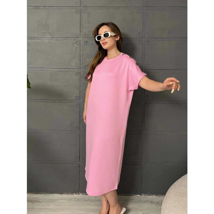 Omuz Düğme Detaylı Elbise Pembe