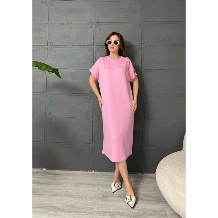 Omuz Düğme Detaylı Elbise Pembe