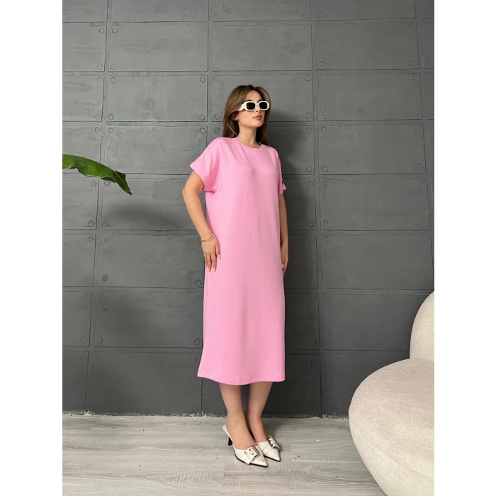 Omuz Düğme Detaylı Elbise Pembe