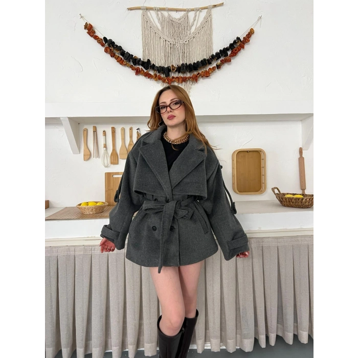 Omuz Manşet Detaylı A Kalite Kaşe Kaban Antrasit