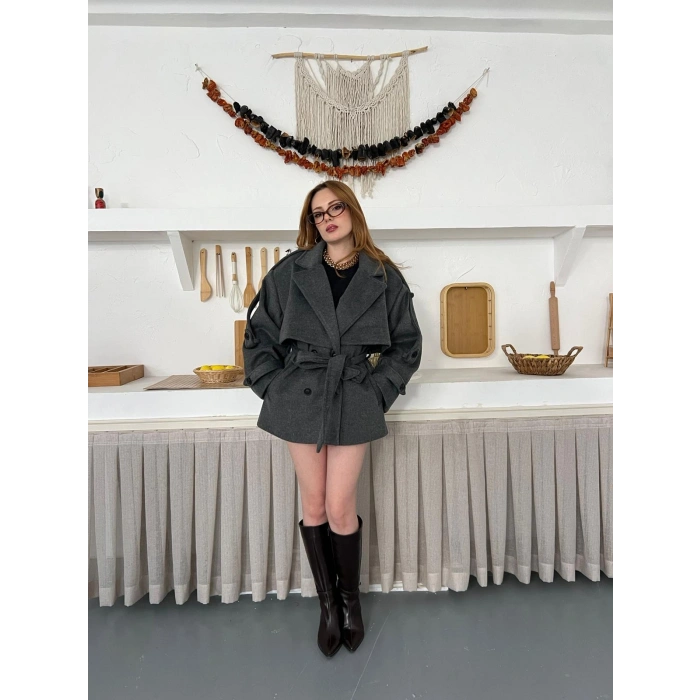 Omuz Manşet Detaylı A Kalite Kaşe Kaban Antrasit